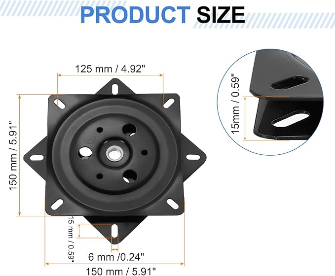 uxcell 6" Bar Stool Swivel Replacement, 360° Rotation Lazy Susan Turntable, Square Semi-Ball Bearing Seat Swivel Base Mount Plate for Recliner Chair or Table, Black (150x1.5mm)