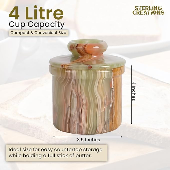 Handcrafted Round Marble Butter Keeper | Elegant Onyx Green French Butter Dish | Ideal Kitchen Storage for Soft Butter | Classic Breakfast Companion (Regular Size) (Marble)