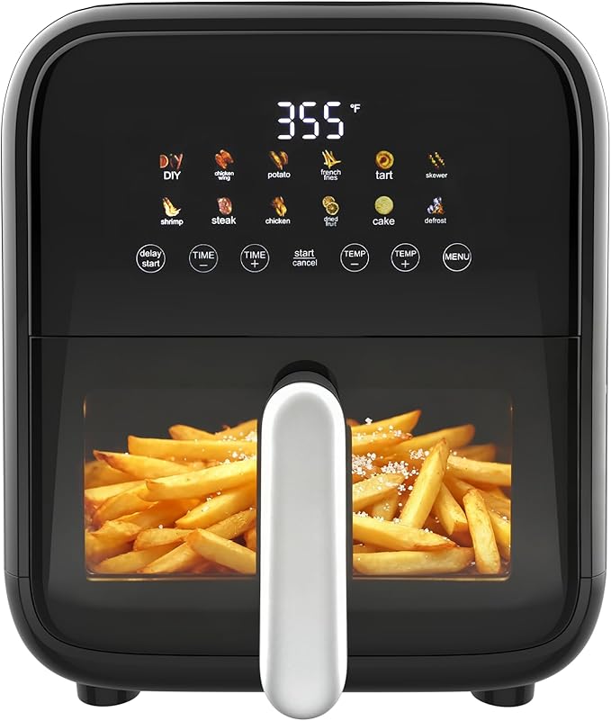 NEWBULIG 7.9QT Air Fryer with Transparent Window, 12-In-1 Large Air Fryers for Family, 400°F Wide Temperature for Rapid Heat, Roast Bake Dehydrate Reheat, Dishwasher Safe, Nonstick Basket, 1800W