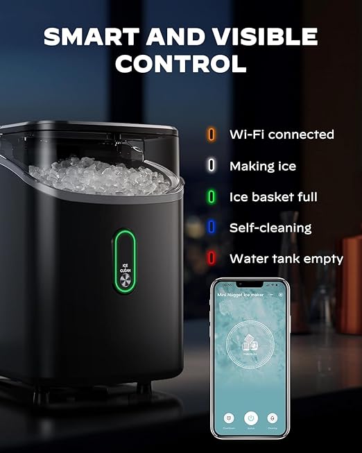 Silonn WiFi Nugget Ice Maker Countertop, 33Lbs/24H Soft Chewable Pebble Ice Machine, Timer Function & App Status Alerts, Compact for Home, Kitchen & Office Use