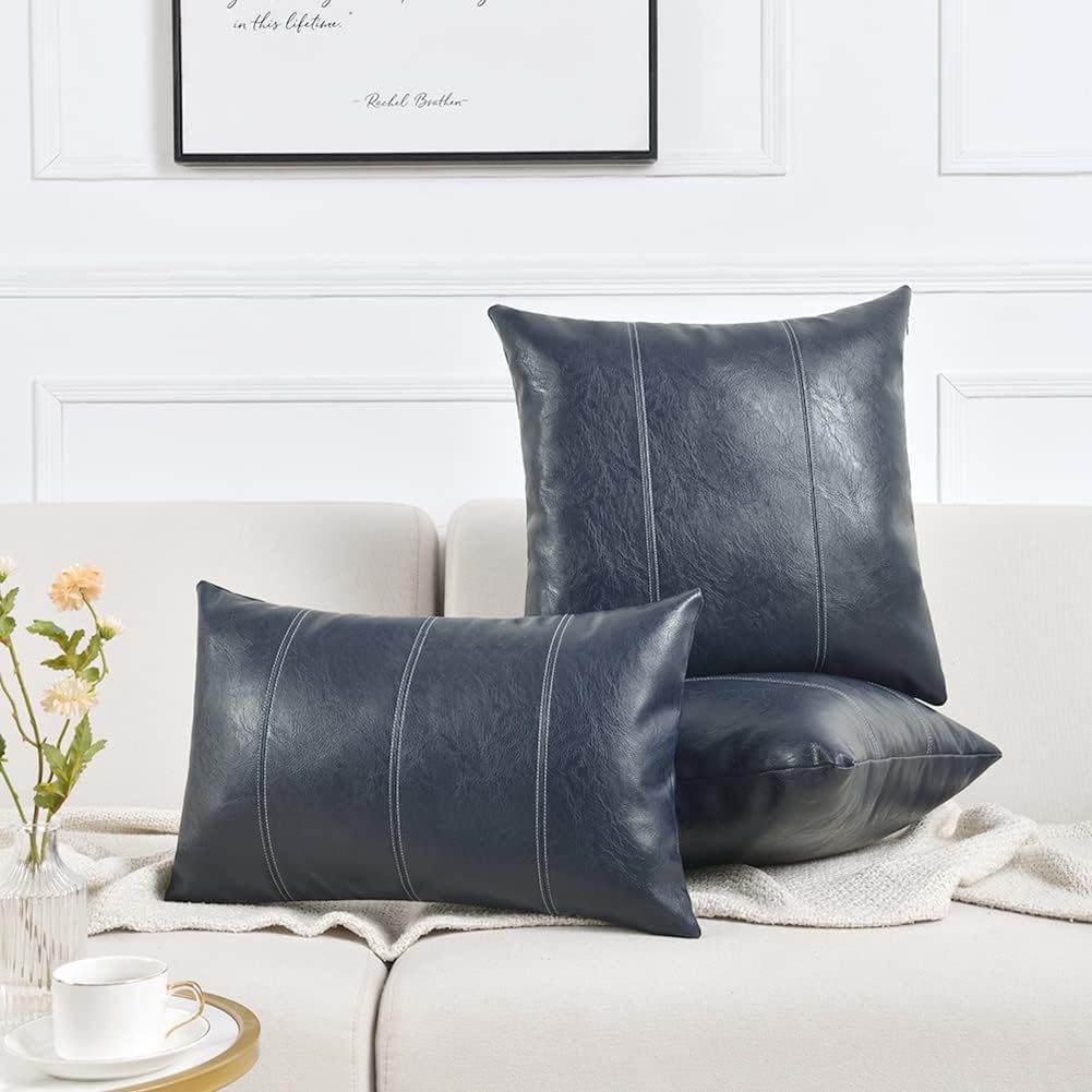 Fancy Homi Navy Blue Long Lumbar Waterproof Faux Leather Decorative Throw Pillow Covers 14x24 Inch for Outdoor Couch Bed, Modern Farmhouse Boho Home Decor, Hand Stitched Cushion Case 35x60 cm