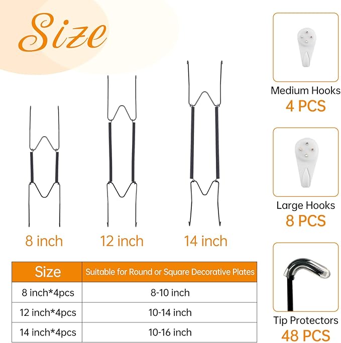 Bilillo 12 Piece Stainless Steel Plate Hangers - 8/12/14 Inch Invisible Heavy Duty Wall Plate Holder with 12 Pieces Wall Hooks for 7.5 to 16 Inch Decorative Plates and Arts (Black)