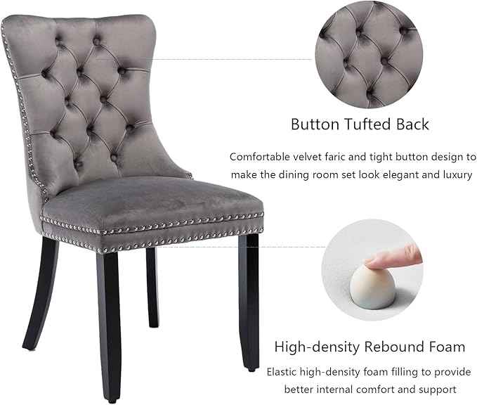 Grey Velvet Dining Chairs Set of 4, Upholstered Dining Room Chairs with Back Ring Pull Trim and Solid Wood Legs,Tufted Wingback Kitchen Chairs for Dining Room,Living Room,Kitchen(Grey)