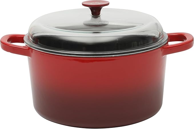 Crock Pot Artisan 7-Quart Round Enameled Cast Iron Dutch Oven With Oven Safe Borosilicate Glass Lid, Heavy-Duty Cookware for Baking, Roasting & Slow Cooking, Red