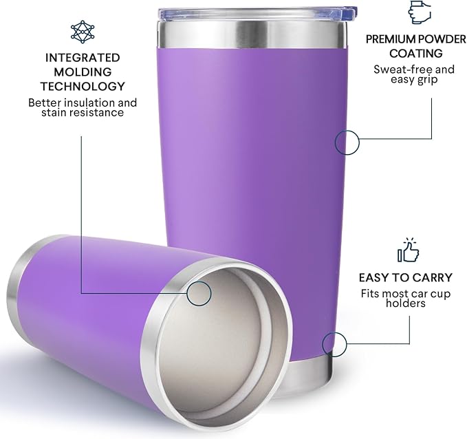 Volhoply 20oz Stainless Steel Tumbler with Lid and Straw Bulk 4 Pack,Double Wall Insulated Travel Iced Coffee Mug Fits Cup Holder,Powder Coated Cups for Hot/Cold Drinks,Gifts for Women（Purple,4 Set）