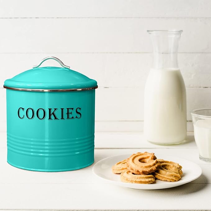 Blue Donuts Vintage Cookie Tin - Airtight, Large, Turquoise Cookie Jar with Lid for Kitchen Counter & Gift Giving