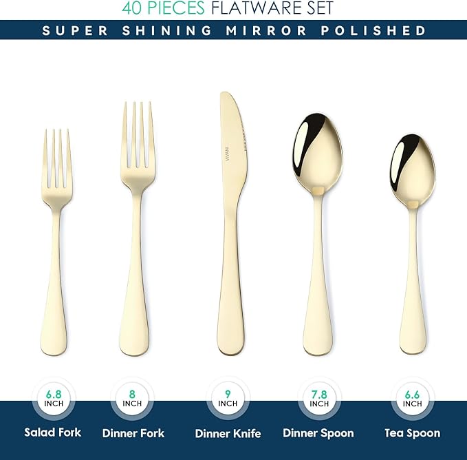 VIVANI 40 Piece Champagne Gold Silverware Set for 8, 18/0 Stainless Steel Flatware Set with Advanced PVD Coating, Dishwasher Safe Cutlery Set for Everyday Home Kitchen and Apartment