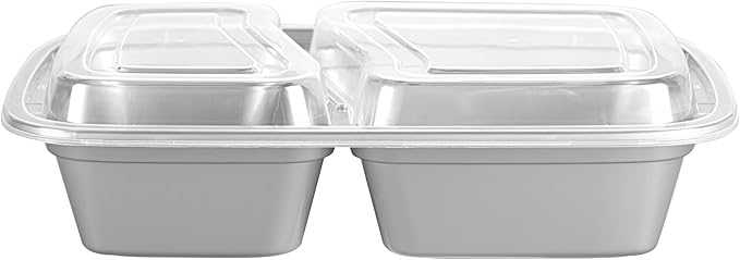 Restaurantware-Asporto 26 Ounce Compartment Take Out Boxes, 100 Microwavable Meal Prep Containers - 2 Compartments, With Clear Plastic Lids, Silver Plastic Food Containers, Do Not Contain BPA