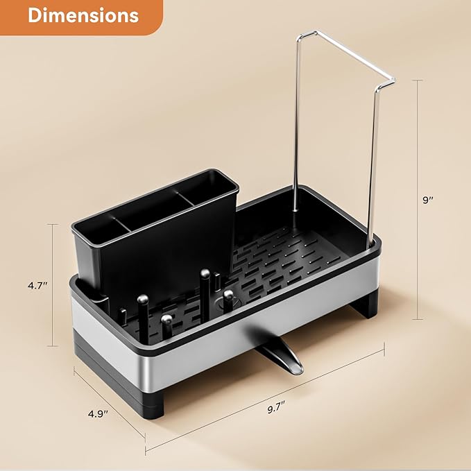 Sponge Holder for Kitchen Sink, Rustproof Stainless Steel Sink Caddy with Auto-Drain, Removable Brush Holders, Soap and Dishcloth Organizer, Black