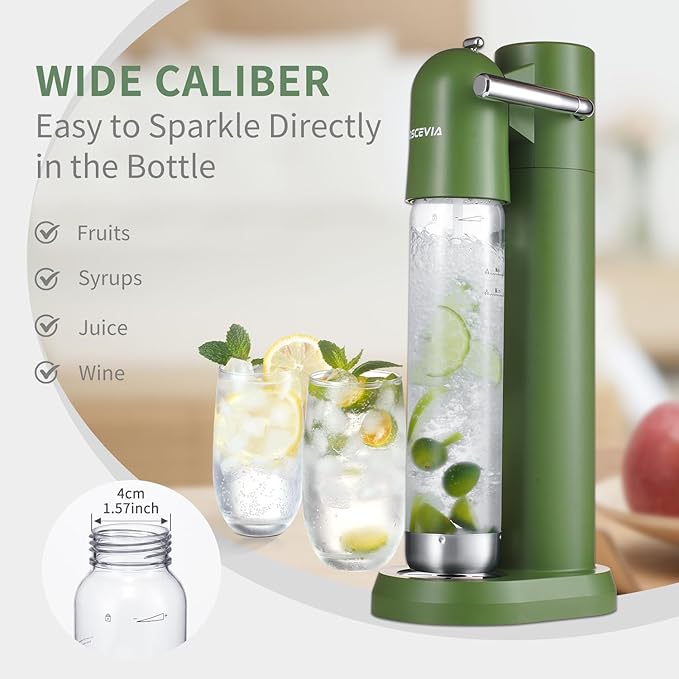 Sparkling Water Maker | Soda Beverage Machine | Soda Streaming Seltzer & Carbonator | 2x1L BPA Free Bottles | Compatible Srew-in 60L CO2 (NOT Included) | Green