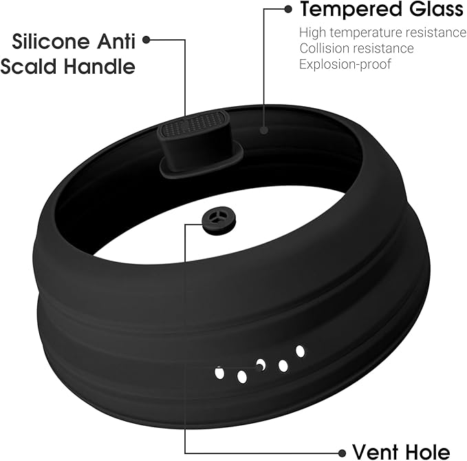 Microwave Splatter Cover Glass Microwave Cover for Food Collapsible Splatter Guard Lid with Silicone Handle for Pot Plate Bowl 10.8 Inch Black