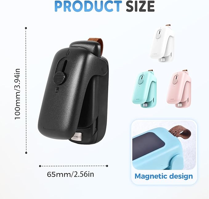 Mini Bag Sealer, Upgraded 2 in 1 Mini Bag Sealer with Cutter and Magnet, Magnetic Portable Plastic Bag Sealer for Snacks, Chips, Food Freshness Storage (1, Black)