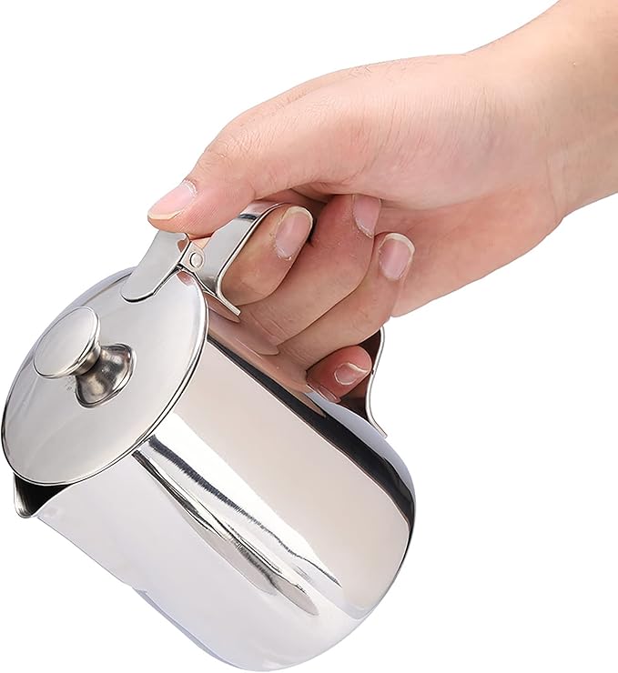 Stainless Steel Milk Frothing Pitcher with Lid for Latte Coffee Art, Small 3oz Creamer Jug, Metal Barista Set, Mini Cup for Health Gear Coffee (600ml)
