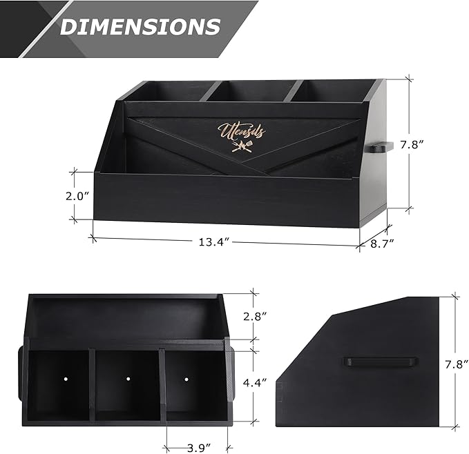 Innovation Kitchen Utensil Holder for Countertop with 4 Compartments, Wood Utensil Organizer for Cooking Tools, Black (Utensil Not Included)