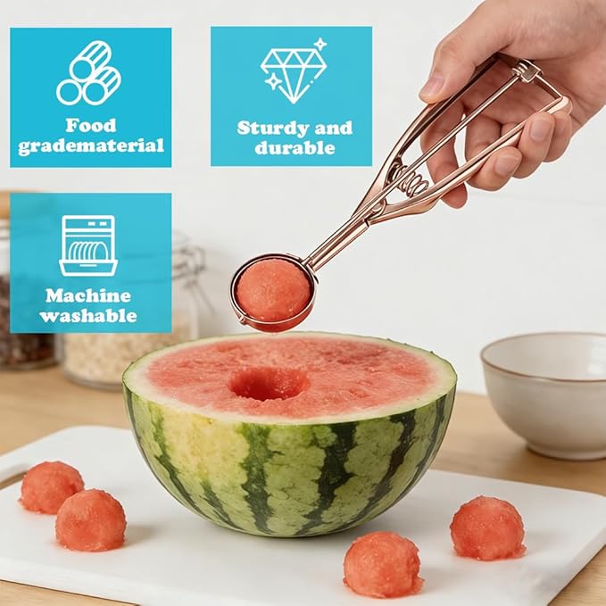 Gold Ice Cream Scoop Stainless Steel Cookie Scoops for Baking Melon Baller with Trigger 3 Sizes (Rose Gold, L)