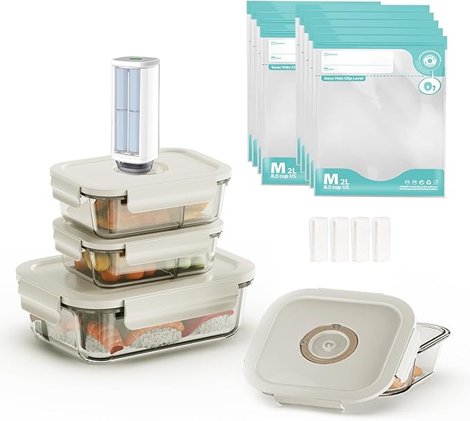 Vacuum Sealer & Food Storage Container for Food, Vacuum Sealer + 3 Glass Sealer Container [21 Oz-2PACK / 50 Oz]+ 10 Reusable Food Saver Sealer Bags,For Food Storage, Sous Vide, Meal Prep