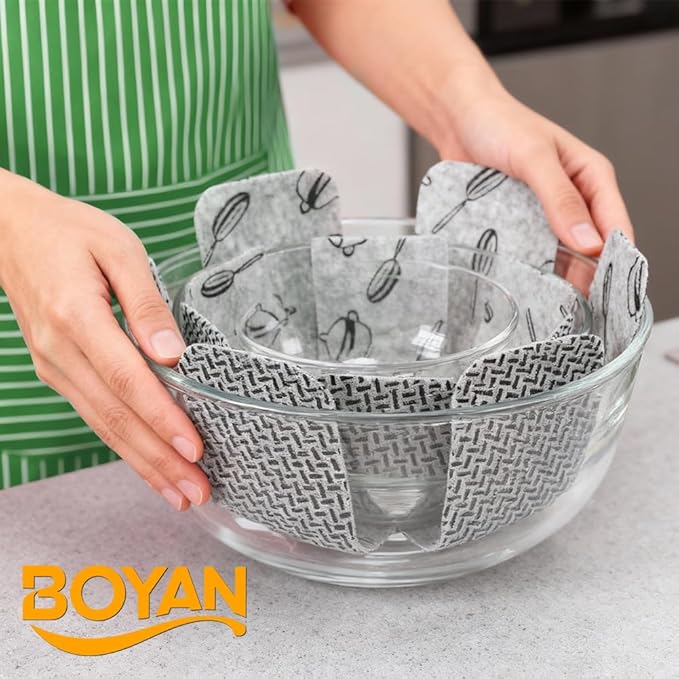 BOYAN Thicker Pot and Pan Protectors, Felt Pot Protectors for Stacking, Set of 6 & 3 Different Sizes, Pan Separators for Stacking Cookware Skillet Ceramic Saucepan Glassware