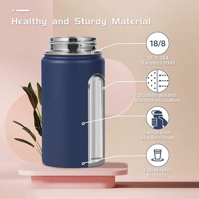Volhoply 14oz KIds Stainless Steel Insulated Leakproof Water Bottle with Straw Lid and Silicone Boot,BPA-Free Easy Use for Boys&Girls,Double Wall Vacuum Bottles(Navy,1)