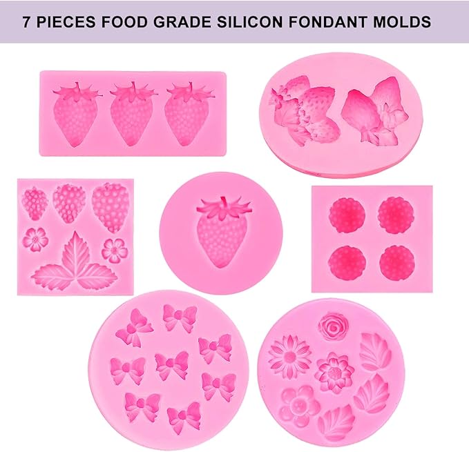 7 Pack Strawberry Baking Mold 3D Strawberry Embed Silicone Fruit Shape Pastry Mold Silicone Handmade Candy Bow Molds for Chocolate Fondant Ice Cream Cupcake Cake Decor - QS7