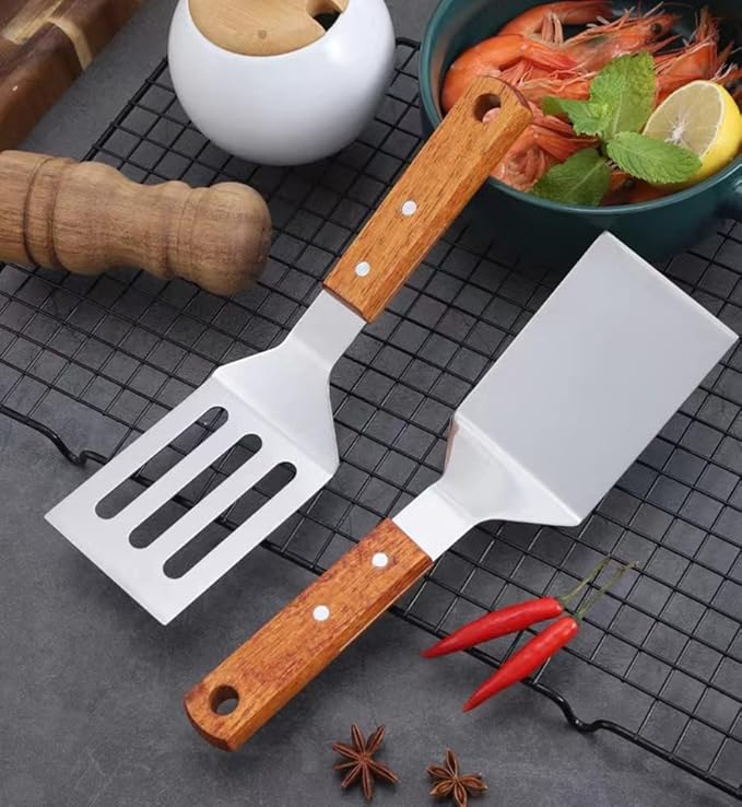 2 PCS Metal Spatula for Cast Iron Skillet, Stainless Steel Grill Spatula Slotted Turner Fish with Wood Handle Flat Top Griddle for Cooking BBQ