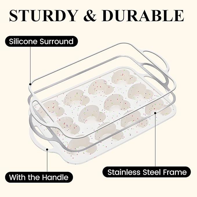FUNBAKY 2 Pcs Heart Shaped Silicone Muffin Pan，Metal Reinforced Frame, 12-Cavity Nonstick Silicone Heart Mold for Muffins, Cupcakes, Bread,Chocolate Muffin and Tartlets