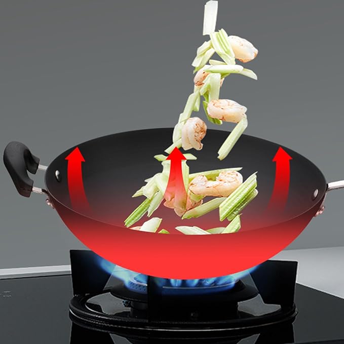 Wok Pan with Lid Nonstick Wok 32cm, Carbon Steel Woks Stir-Fry Pans, No Chemical Coated Flat Bottom Chinese Wok, for Electric, Induction and Gas Stoves