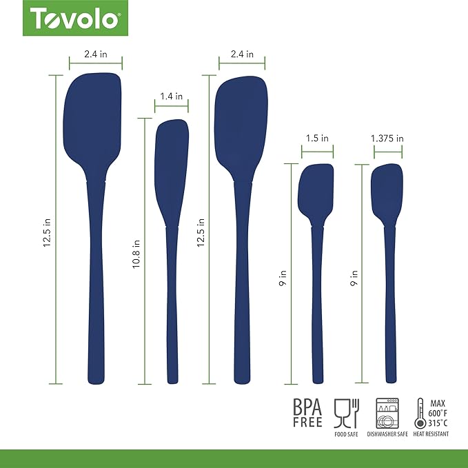 Tovolo Flex Core 5 Piece Silicone Spatula Set Heat Resistant All Silicone Utensils Include Non Stick Spatula Spoonula Jar Scraper, Dishwasher Safe BPA Free Spatulas for Baking Mixing, Deep Indigo