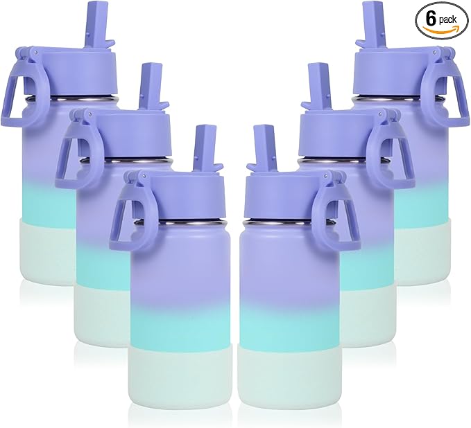 Volhoply 14oz KIds Water Bottle with Straw Lid and Silicone Boot Bulk 6 Pack,Stainless Steel Insulated Bottles for Boys & Girls Multipack,Double Wall Vacuum Leakproof Bottles(Purple Blue,6)