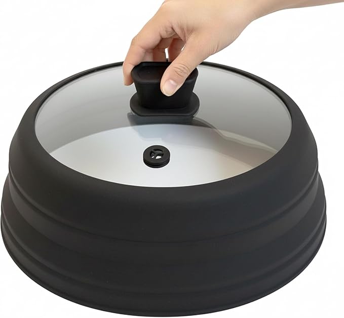 Microwave Splatter Cover Microwave Cover for Food 11.8 Inch Collapsible Glass Microwave Cover with Handle Silicone microwave splatter cover for Home Kitchen (Black)