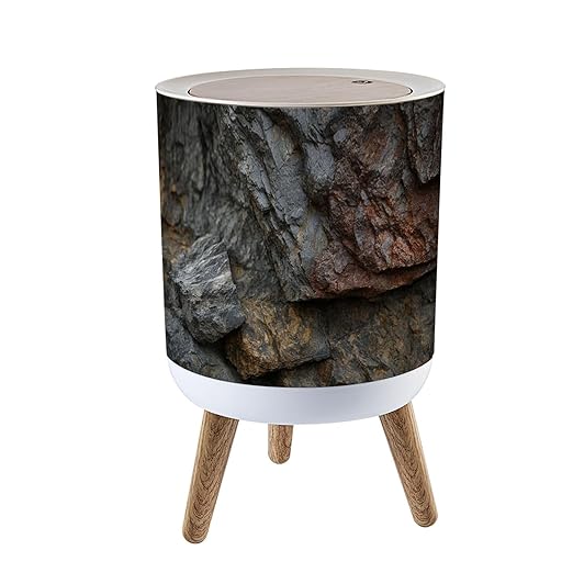 Trash Can with Lid Stone rock mountain cave granite basalt mineral surface texture Dark Press Top Round Small Garbage Bin with Wooden Legs Waste Basket for Kitchen Bedroom Nursery 7L/1.8 Gallon