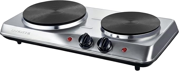 OVENTE Electric Countertop Double Burner, 1700W Cooktop with 7.25" and 6.10" Cast Iron Hot Plates, Temperature Control, Portable Cooking Stove and Easy to Clean Stainless Steel Base, Silver BGS102S