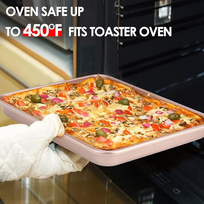 11" x 9" Baking Pans, Cookie Sheets Set of 2, Nonstick Toaster Oven Pan Set for Baking, Heavy Duty Carbon Steel Non-toxic Oven Replacement Cookie Tray for Kitchen Bakery, Gold