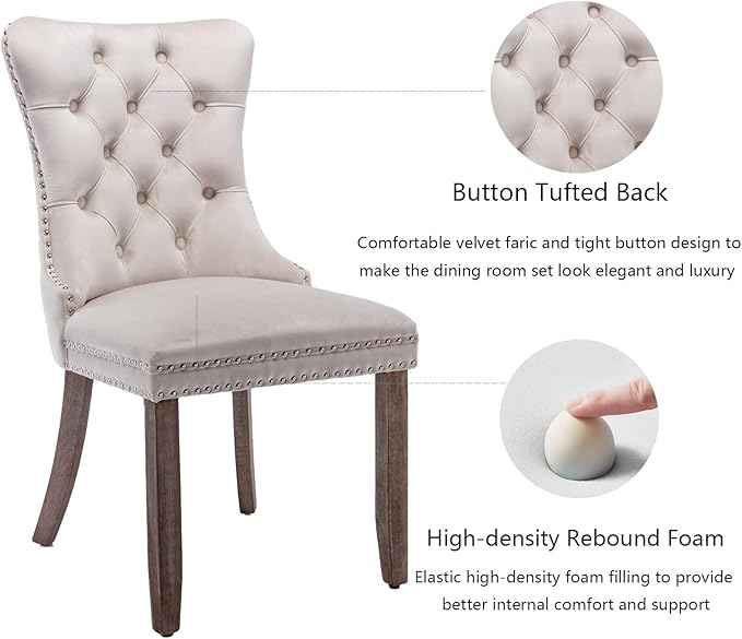 Beige Velvet Dining Chairs Set of 4, Upholstered Dining Room Chairs with Back Ring Pull Trim and Solid Wood Legs, Tufted Wingback Kitchen Chairs for Dining Room,Living Room,Kitchen(Beige)