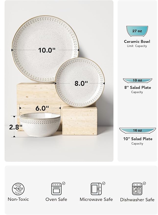 LE TAUCI 24 Piece Dinnerware Sets for 8, Large Plates and Bowls Sets, Ceramic Dishes Set for 8, Modern Stoneware Tableware, Chip Resistant, Ideal for Hosting, Reactive Beige (8"&10" Plate, 27oz Bowl)