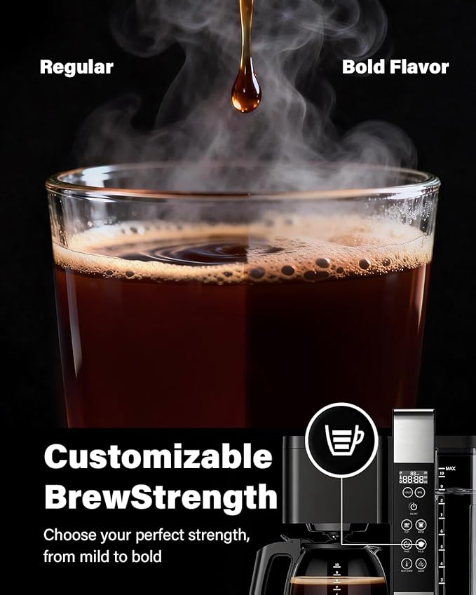 SHARDOR 10-Cup Coffee Maker, Programmable Drip Coffee Machine with 2–10 Cup Setting, Adjustable Keep-Warm Control, Removable 50oz Water Tank, Brew Strength Control & Brew Pause, Black