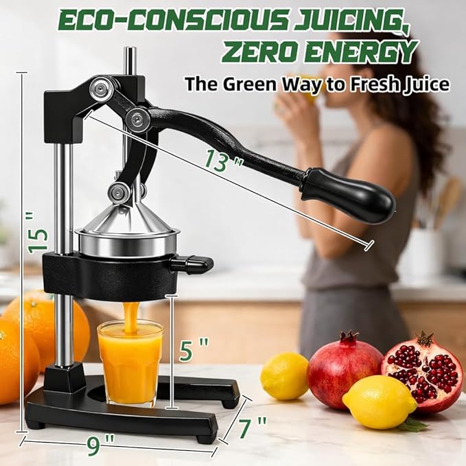 Cast Iron Juicer - Easy-to-Clean Heavy-Duty Manual Juicer, Professional Citrus Juicer Stainless Steel Lemon Squeezer - Manual Citrus Press & Orange Squeezer - Orange Juicer (Black)