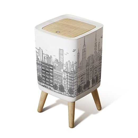 Small Trash Can with Lid Hand drawn panorama New York City skyline cityscape seamless suitable Wastebasket with Press Cover Dog Proof Garbage Can Waste Bin for Kitchen Bathroom Nursery 2.6 Gallon