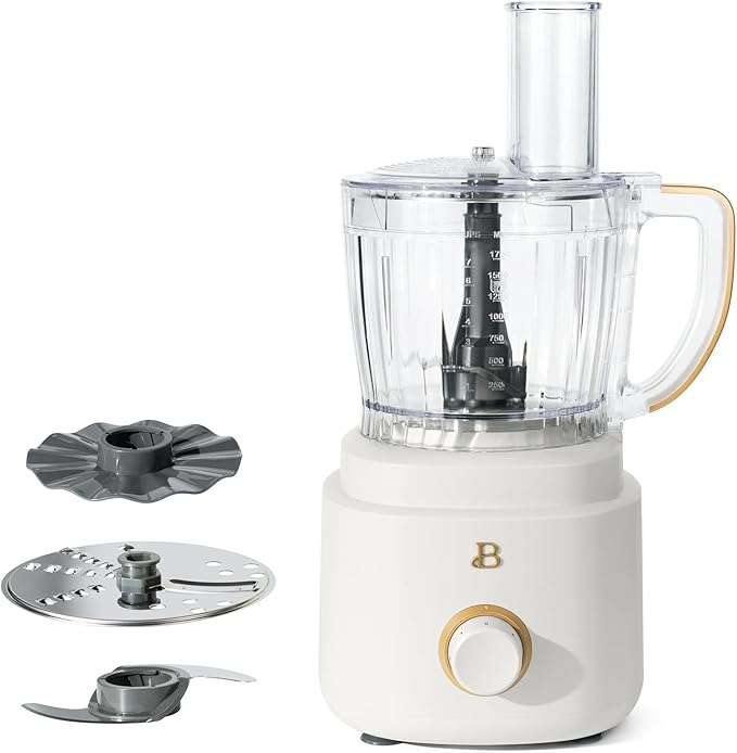 Beautiful by Drew Barrymore 10-Cup Food Processor, 500-Watts, Variable Speed, Pulse, 3" Wide Feed Tube, Stainless Steel Blades, Dishwasher Safe, Large Bowl, Accessories Included (White Icing)