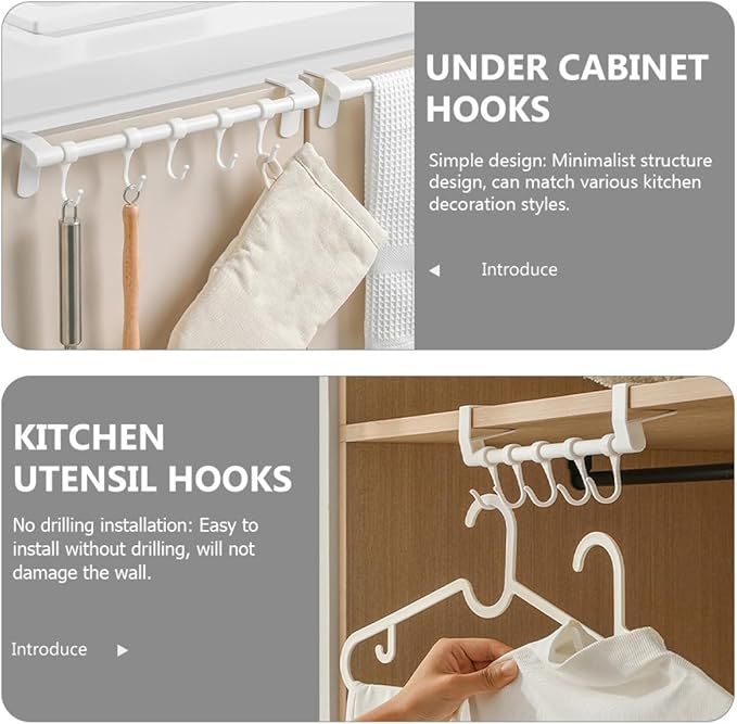SUPVOX Kitchen Utensil Hooks 5pcs Under Cabinet Storage Rack White Plastic No-Drill Multi-Functional Hanging Organizer for Kitchen Cabinet