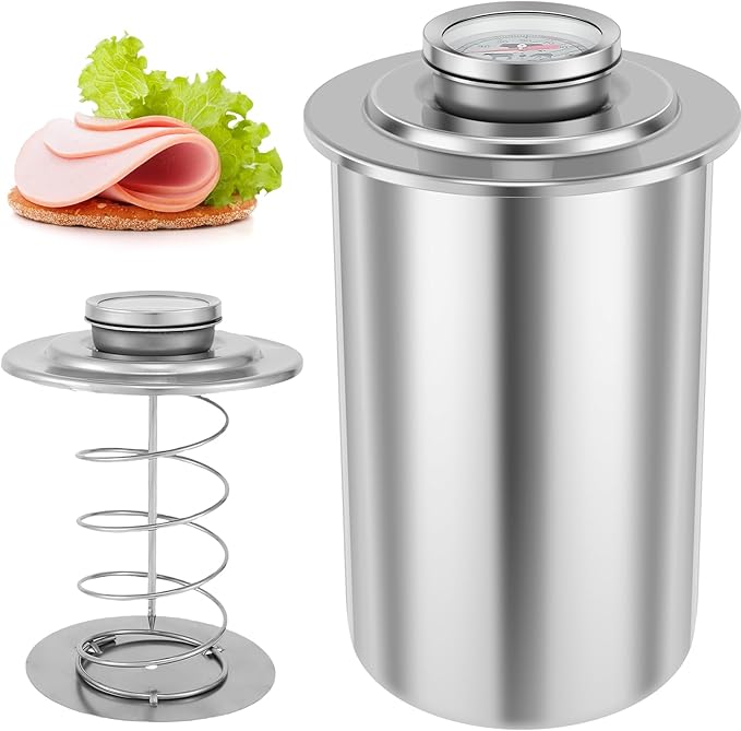 Ham Meat Press Maker with Thermometer, Stainless Steel Ham Press Maker Machine Gourmet Cooking Tools, Round Shape Meat Press Maker Machine, Kitchen Bacon Meat Pressure Cookers Boiler Pot