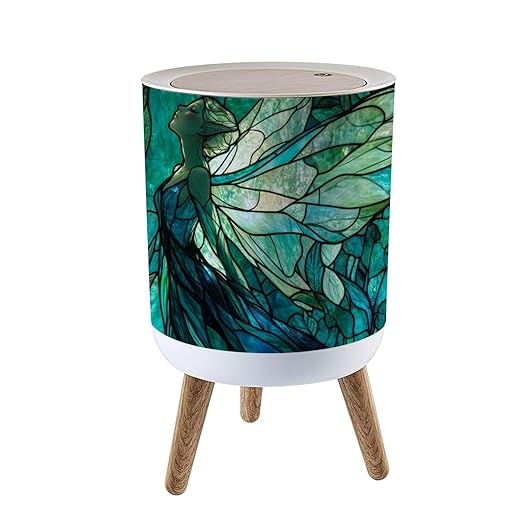 Trash Can with Lid Ethereal Fairy Floral Stained Glass Jewel Tones Press Top Round Small Garbage Bin with Wooden Legs Waste Basket for Kitchen Bedroom Nursery 7L/1.8 Gallon