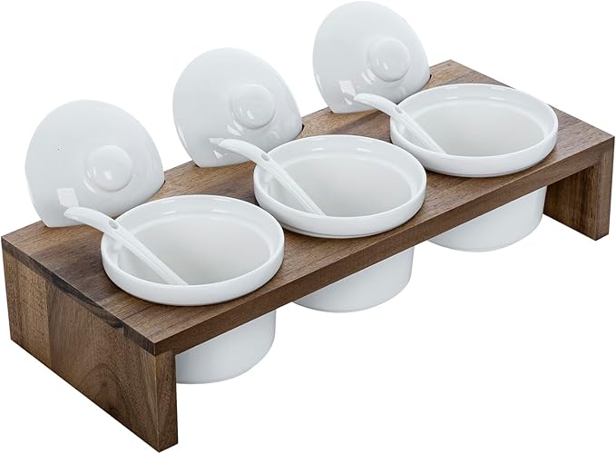 MyGift 10 Pcs Condiment Pot Serving Dish Set, Hosting Essentials, Premium Acacia Solid Wood Raised Display Server Tray and 3 Ceramic Ramekin Dip Bowls with Lids and Spoons