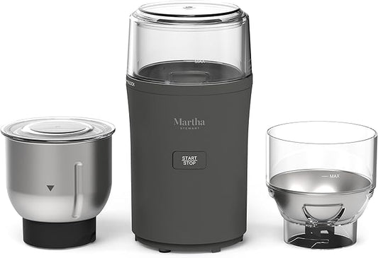 Martha Stewart Electric Coffee & Spice Grinder, Dual 2.5oz Removable Bowls, Storage Lids, Stainless Steel Blades, One Touch Pulse Control, 2-in-1 Compact, Beans & Spices, Herbs & Nuts, Caviar Gray