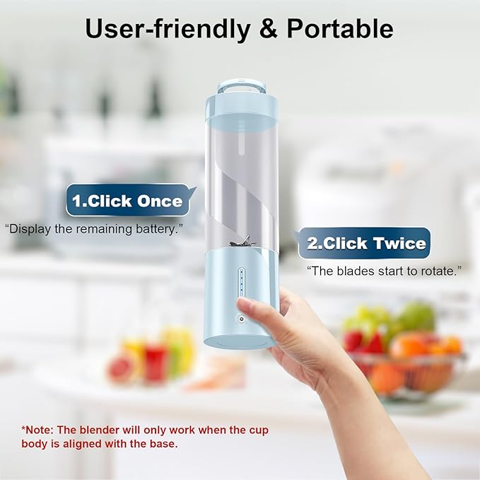 Portable Personal Blender for Fresh Juice, Shakes and Smoothies - 16 Oz Mini Small Blender Bottle Cup with 6 Blades, USB Rechargeable, BPA Free for Kitchen, Travel, Office, Gym