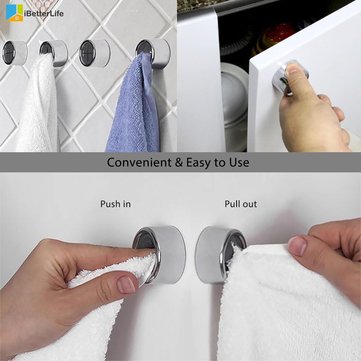 iBetterLife Adhesive Kitchen Towel Hooks - 4 Pack Dish Towel Holder for Cabinet, Push Hand Towel Hook, Dish Cloth Rag Holder for Home Bathrooms, Kitchens, Garages, RV, Within Easy Reach, Matte White