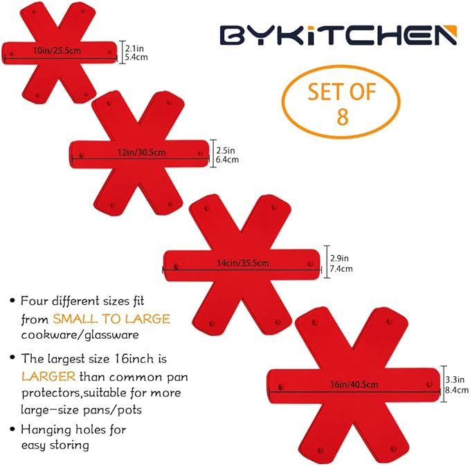 BYKITCHEN Pot Pan Protectors, Larger & Thicker Stacking Pot Protectors, Set of 8 and 4 Different Sizes, Pan Separator Pads for Stacking and Protecting Your Cookware(10/12/14/16inch)