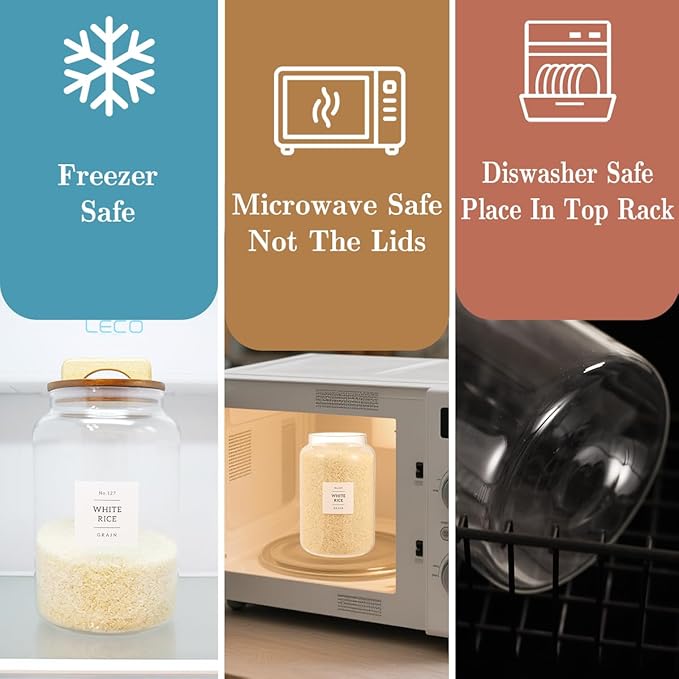 2 Pack Large Glass Flour and Sugar Containers with 132 Pantry Labels - 1 Gallon Glass Canisters with Bamboo Airtight Lids - Farmhouse Glass Cookie Jars for Rice, Pasta, Cereal, Bath Salt
