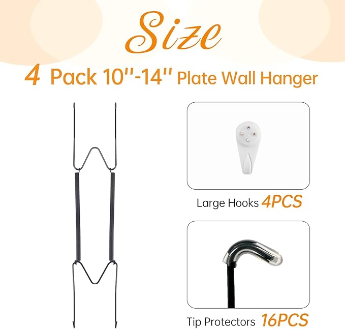 Bilillo 4 Pack Plate Hangers for The Wall, Suitable for 10-14 Inch Decorative Plate,Invisible Heavy Duty Wire Plate Holder with Wall Hooks, Plate Hangers for Displaying Plates, Platter, Dish (Black)