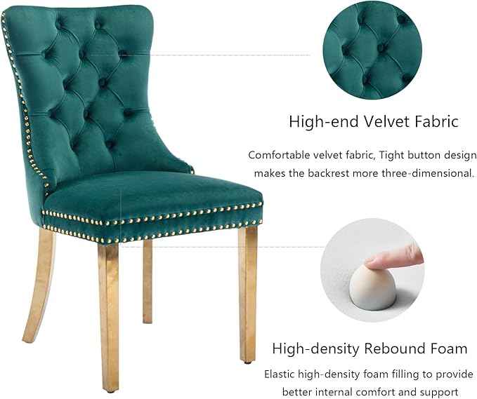 Velvet Dining Chairs Set of 2, Upholstered Dining Room Chairs with Back Ring Pull Trim and Golden Stainless Steel Legs,Tufted Wingback Chair Perfect for Dining Room,Living Room,Kitchen(Green)