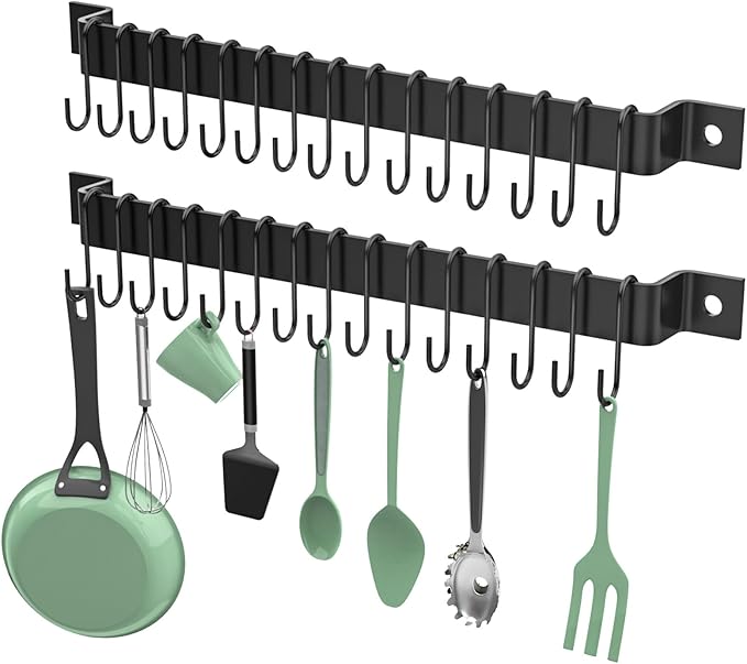 Housolution 2 Pack Kitchen Rail with 15 Hooks, 16 Inch Wall Mounted Hanging Utensil Rack Hanger for Kitchen
